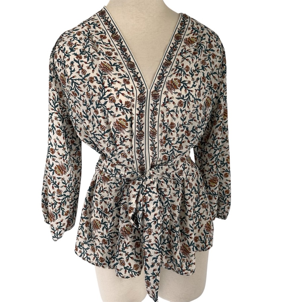 MAX STUDIO Beige Floral Tie-Waist V-Neck Blouse Boho Peplum Folk NWT M - Picture 2 of 10